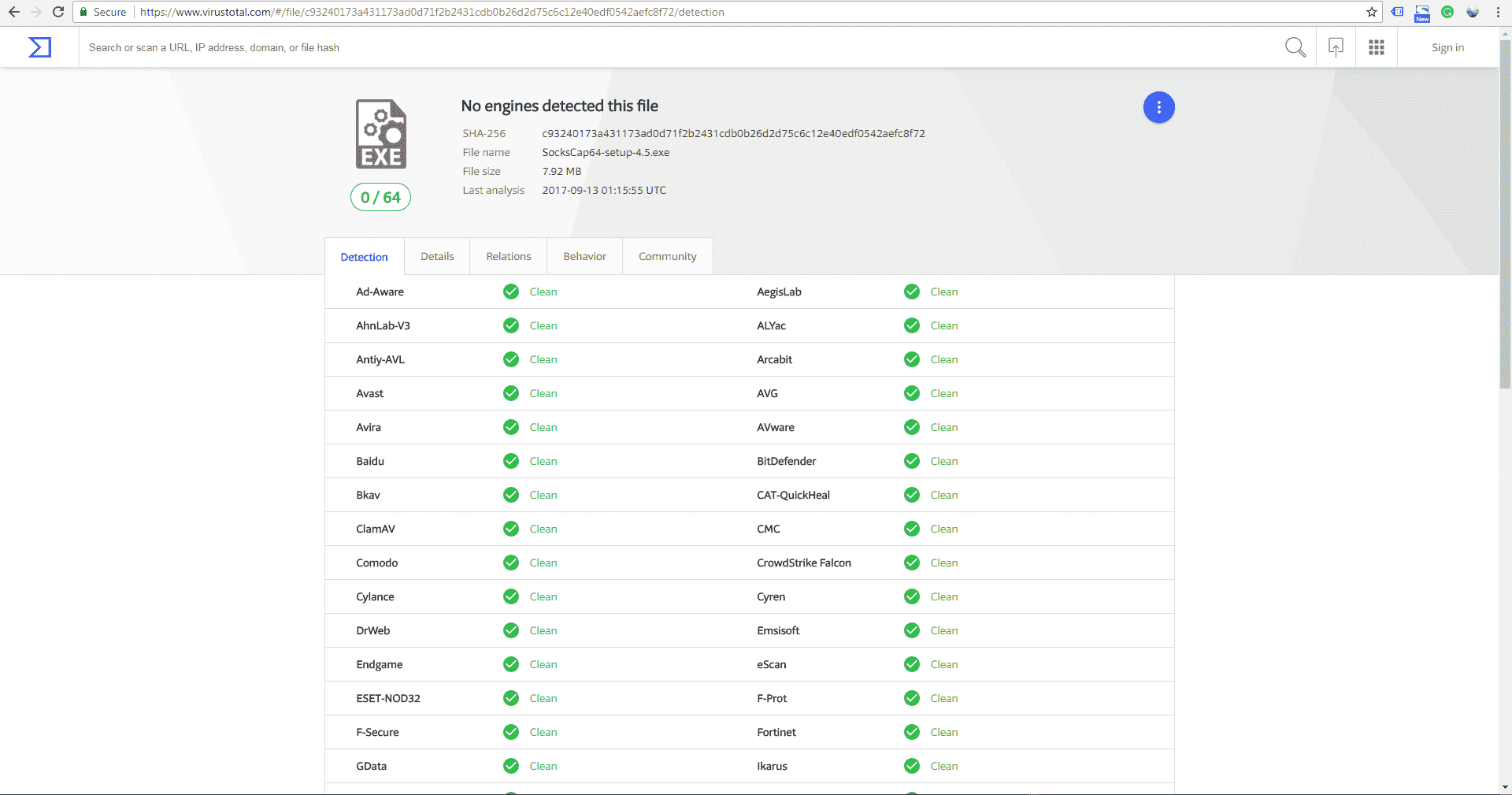 Scanning result at VirusTotal